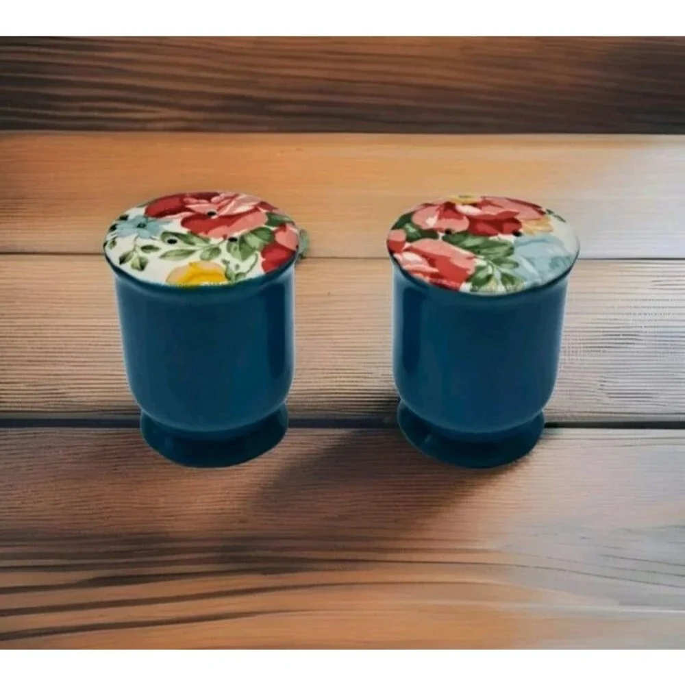 The Pioneer Woman Flea Market Floral Salt & Pepper Shaker Set Blue Teal Ceramic